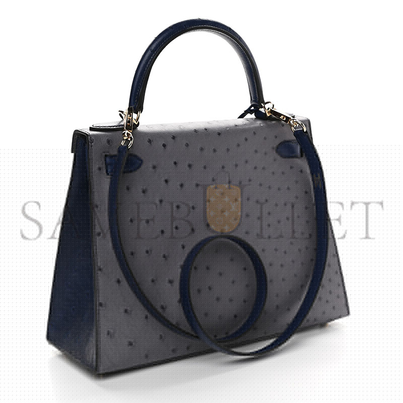 HERMÈS MASTER OSTRICH HORSESHOE KELLY SELLIER 28 GRIS AGATE BLEU IRIS (28*22*10cm)
